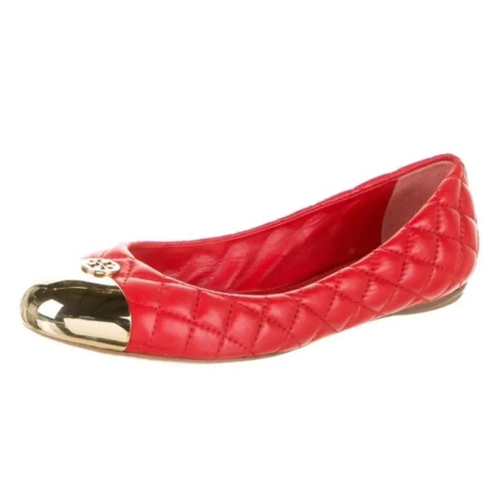 Barely worn..  Tory Burch Quilted Red Leather Ballet Flat with Gold Cap Toe